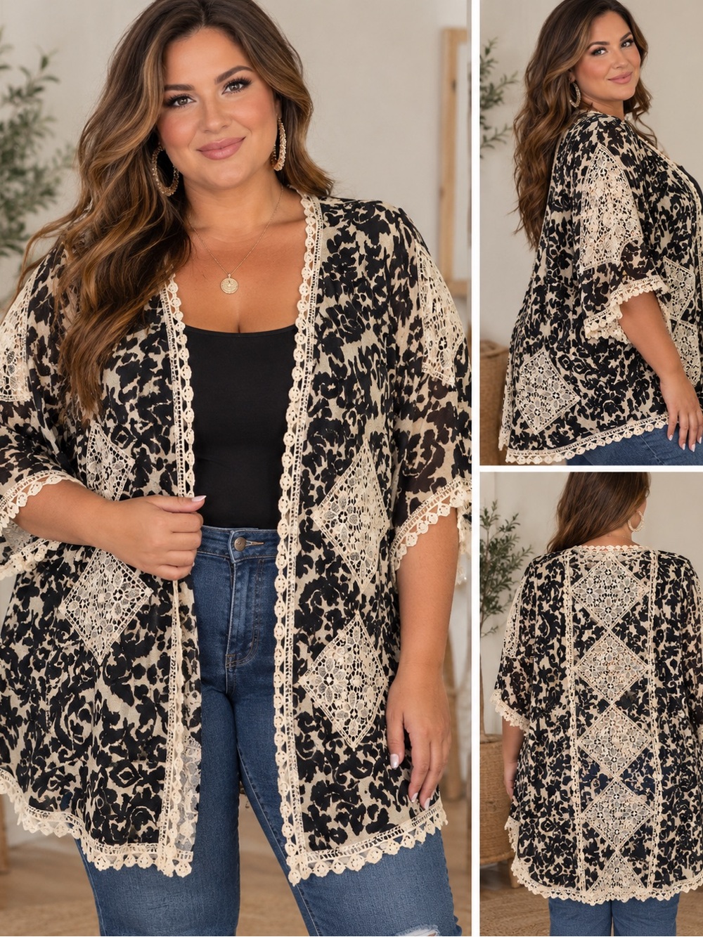 Open-Front Lace-Trim Kimono Shrug in Black and Cream